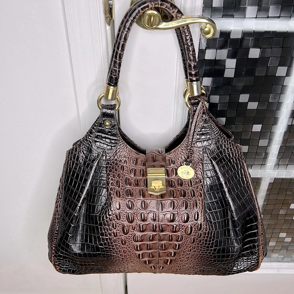💕 Brahmin crocodile leather purple x large satchel bag nice 💕